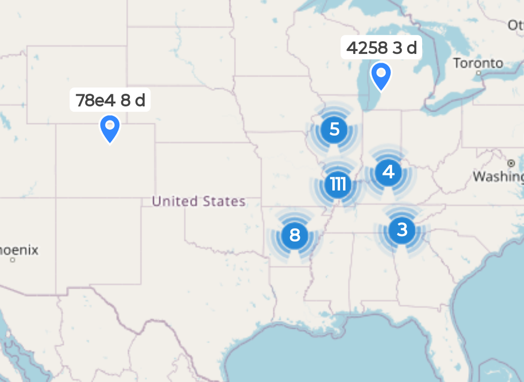 map of usa with mostly southern midwest nodes plus denver