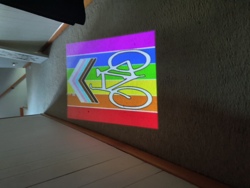bicycle progress pride flag projected into a hallway carpet